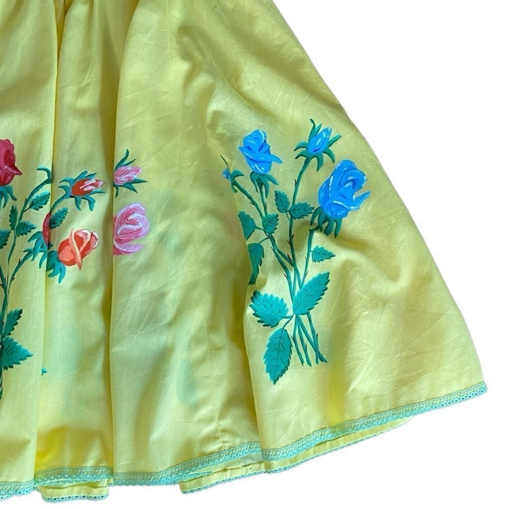 Vintage Square Dance Dress Hand Painted Roses RicRac Ruffles Yellow - Picture 5 of 6